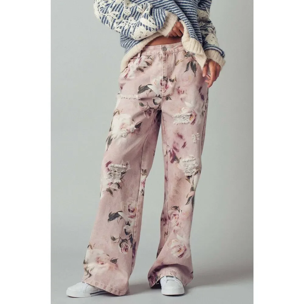 Urban Daizy Romantic Rose Print High-Rise Denim Pants - Picture 1 of 10